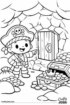 A happy pirate discovers a hidden door in a cave surrounded by treasure chests, shiny gold coins, and a royal crown