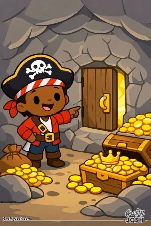 A happy pirate discovers a hidden door in a cave surrounded by treasure chests, shiny gold coins, and a royal crown