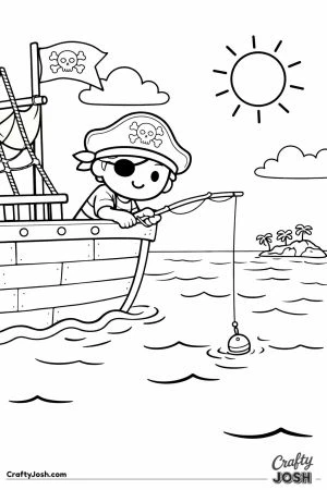 A pirate leans over the side of his wooden ship while fishing with a rod as his bobber floats in the ocean near a small island with palm trees