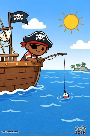 A pirate leans over the side of his wooden ship while fishing with a rod as his bobber floats in the ocean near a small island with palm trees