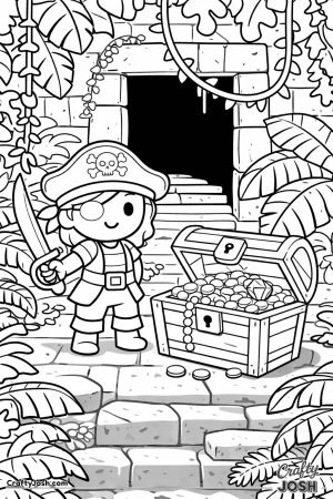 A pirate stands inside a jungle temple while guarding an open treasure chest filled with gold coins and a large gem