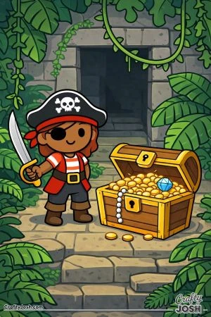A pirate stands inside a jungle temple while guarding an open treasure chest filled with gold coins and a large gem
