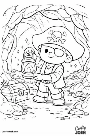 A pirate boy stands inside a rocky cave holding up a lantern while a treasure chest sits nearby on the cave floor