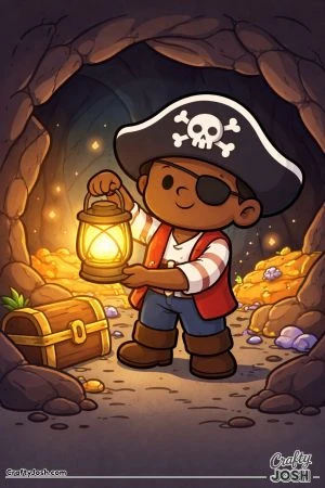 A pirate boy stands inside a rocky cave holding up a lantern while a treasure chest sits nearby on the cave floor