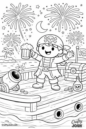 A happy pirate stands on the deck of a pirate ship at night while fireworks burst in the sky above the ocean