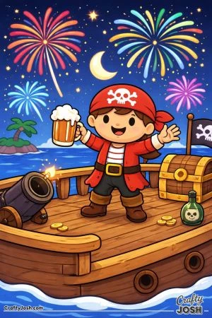 A happy pirate stands on the deck of a pirate ship at night while fireworks burst in the sky above the ocean