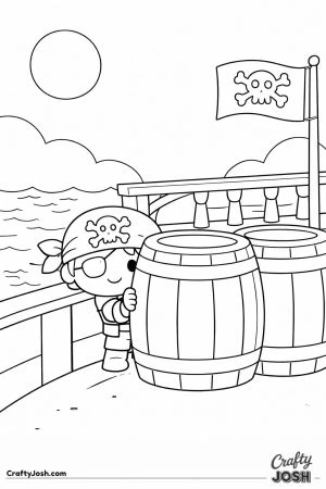 A pirate boy hides behind two big barrels on the deck of a pirate ship with the ocean, a pirate flag, and a bright sun in the sky