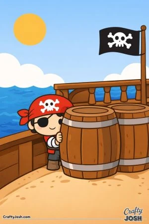 A pirate boy hides behind two big barrels on the deck of a pirate ship with the ocean, a pirate flag, and a bright sun in the sky