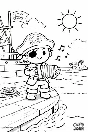 A pirate stands on the wooden deck of his ship while playing a small accordion as music notes float in the air above the ocean