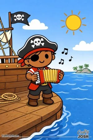 A pirate stands on the wooden deck of his ship while playing a small accordion as music notes float in the air above the ocean