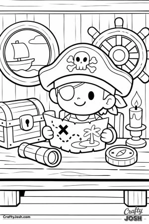 A pirate with an eyepatch sits at a table inside a captain’s cabin while studying a treasure map, with a treasure chest, telescope, compass, ..