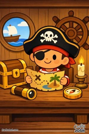 A pirate with an eyepatch sits at a table inside a captain’s cabin while studying a treasure map, with a treasure chest, telescope, compass, ..