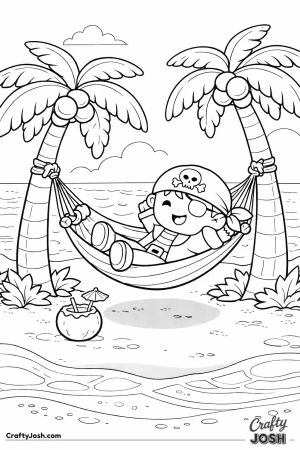 A smiling pirate relaxes in a hammock tied between two palm trees on a sandy beach beside the ocean, with a coconut drink resting on the sand nearby