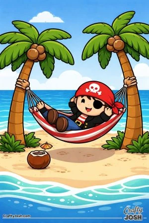 A smiling pirate relaxes in a hammock tied between two palm trees on a sandy beach beside the ocean, with a coconut drink resting on the sand nearby