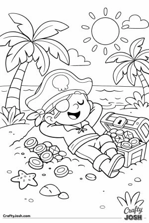 A happy pirate relaxes on a sunny tropical island beside an open treasure chest filled with coins while palm trees and the ocean sit behind him