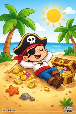 A happy pirate relaxes on a sunny tropical island beside an open treasure chest filled with coins while palm trees and the ocean sit behind him