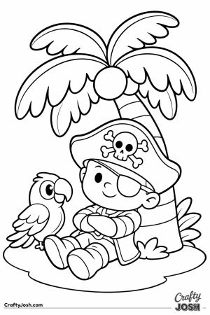 A smiling pirate boy relaxes under a big palm tree on the beach while his friendly parrot sits beside him