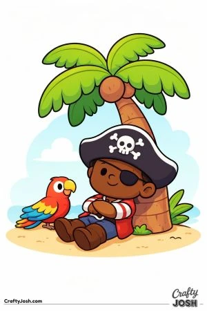 A smiling pirate boy relaxes under a big palm tree on the beach while his friendly parrot sits beside him