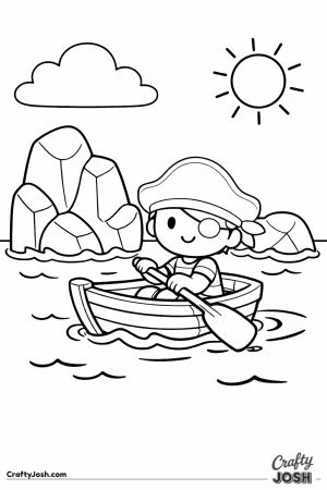 A smiling pirate boy rows a small wooden boat across the ocean as he passes large rocky islands, with a bright sun and a fluffy cloud in the sky