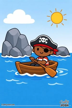 A smiling pirate boy rows a small wooden boat across the ocean as he passes large rocky islands, with a bright sun and a fluffy cloud in the sky