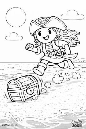 A pirate woman runs along the sandy beach chasing a rolling treasure chest while ocean waves, clouds, and the sun appear in the background