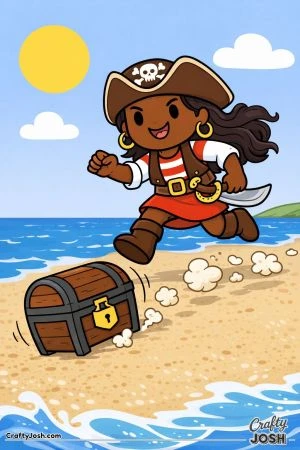 A pirate woman runs along the sandy beach chasing a rolling treasure chest while ocean waves, clouds, and the sun appear in the background