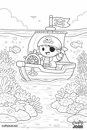 A smiling pirate sails a small boat over clear ocean water while colorful coral, fish, and a starfish appear beneath the surface