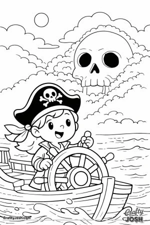 A smiling pirate steers a wooden ship across the ocean while a mysterious skull-shaped island rises from the fog in the distance