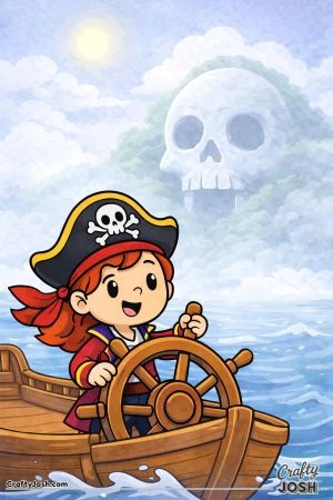 A smiling pirate steers a wooden ship across the ocean while a mysterious skull-shaped island rises from the fog in the distance