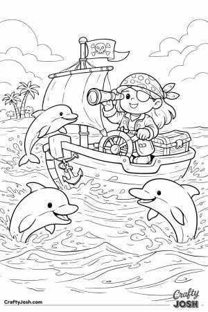 A pirate girl stands at the wheel of her small boat while dolphins jump playfully around the ship in the ocean