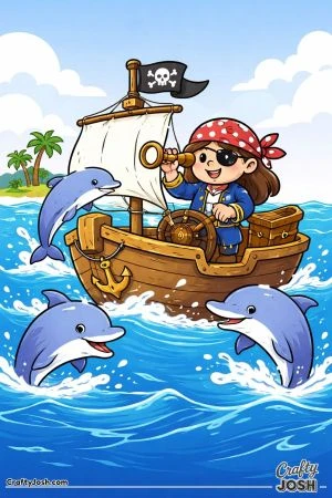 A pirate girl stands at the wheel of her small boat while dolphins jump playfully around the ship in the ocean