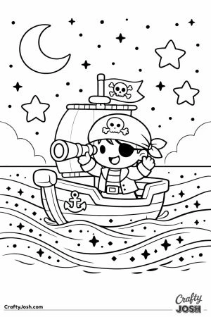 A cheerful pirate sails a small boat across glowing ocean waves while looking through a telescope under a crescent moon and big stars in the night sky