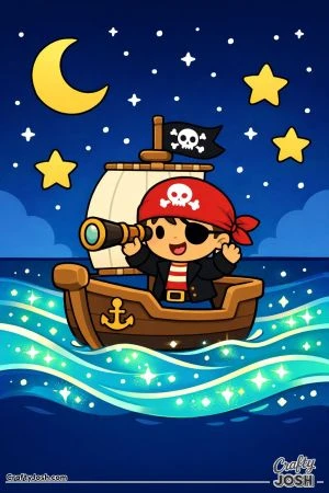 A cheerful pirate sails a small boat across glowing ocean waves while looking through a telescope under a crescent moon and big stars in the night sky