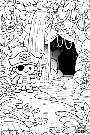 A smiling pirate stands in a jungle while holding a torch and exploring a cave hidden behind a flowing waterfall surrounded by rocks and tropical ..