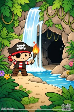 A smiling pirate stands in a jungle while holding a torch and exploring a cave hidden behind a flowing waterfall surrounded by rocks and tropical ..