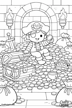 A smiling pirate boy sits on a huge pile of gold coins inside a secret treasure room surrounded by treasure chests, bags of gold, a crown, and a ..