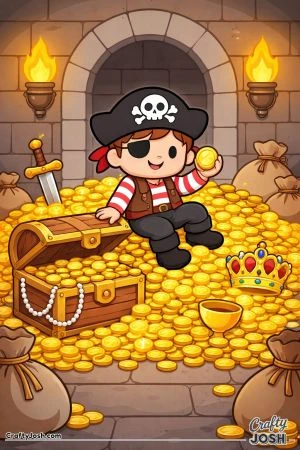A smiling pirate boy sits on a huge pile of gold coins inside a secret treasure room surrounded by treasure chests, bags of gold, a crown, and a ..