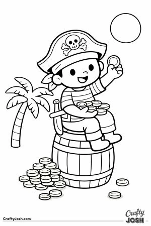 A smiling pirate sits on a wooden barrel while counting a pile of gold coins, with more coins stacked beside him and a palm tree in the background