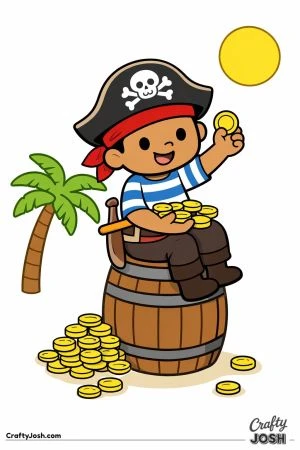 A smiling pirate sits on a wooden barrel while counting a pile of gold coins, with more coins stacked beside him and a palm tree in the background