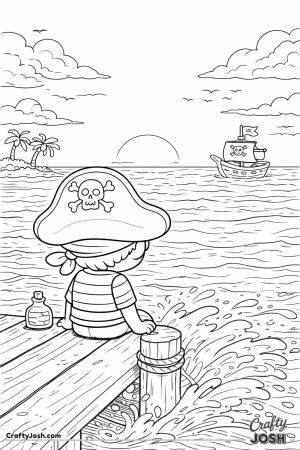 A pirate sits on a wooden dock watching the sunset over the sea while waves splash against the pier and a pirate ship sails in the distance