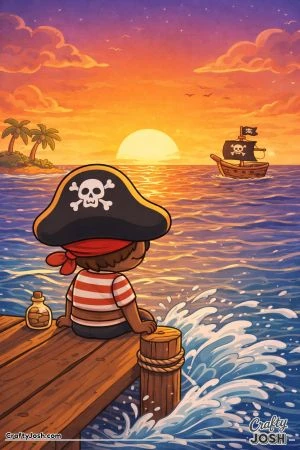A pirate sits on a wooden dock watching the sunset over the sea while waves splash against the pier and a pirate ship sails in the distance