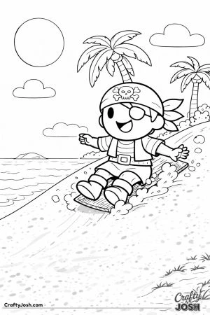 A happy pirate boy slides down a sandy dune on a tropical island while palm trees, the ocean, clouds, and the sun appear in the background