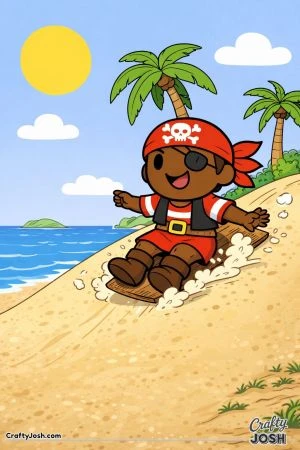 A happy pirate boy slides down a sandy dune on a tropical island while palm trees, the ocean, clouds, and the sun appear in the background