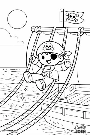 A happy pirate slides down the ship’s sail ropes like a playground slide while smiling and waving on the pirate ship