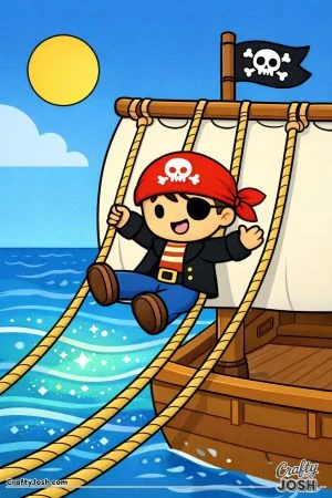 A happy pirate slides down the ship’s sail ropes like a playground slide while smiling and waving on the pirate ship