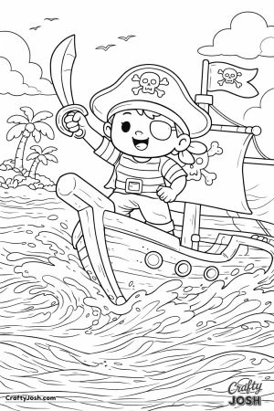 A smiling pirate stands proudly at the front of a pirate ship while waves splash around the boat and a pirate flag flies behind him