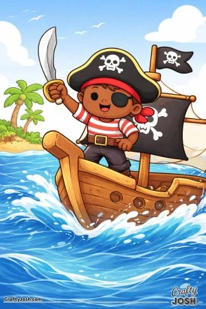 A smiling pirate stands proudly at the front of a pirate ship while waves splash around the boat and a pirate flag flies behind him