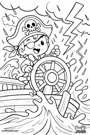 A happy pirate stands at the ship’s wheel steering a wooden ship through big ocean waves while lightning flashes in the stormy sky above