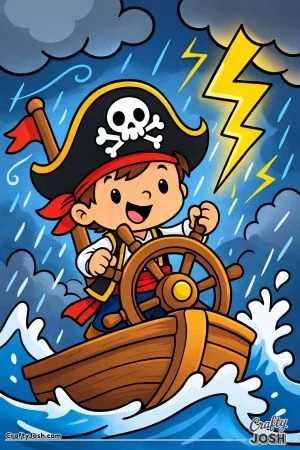 A happy pirate stands at the ship’s wheel steering a wooden ship through big ocean waves while lightning flashes in the stormy sky above