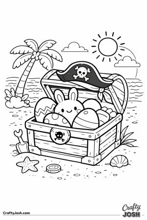 A smiling bunny sits inside a pirate treasure chest Easter basket filled with decorated eggs, resting on a sandy beach with a palm tree, ocean waves, ..